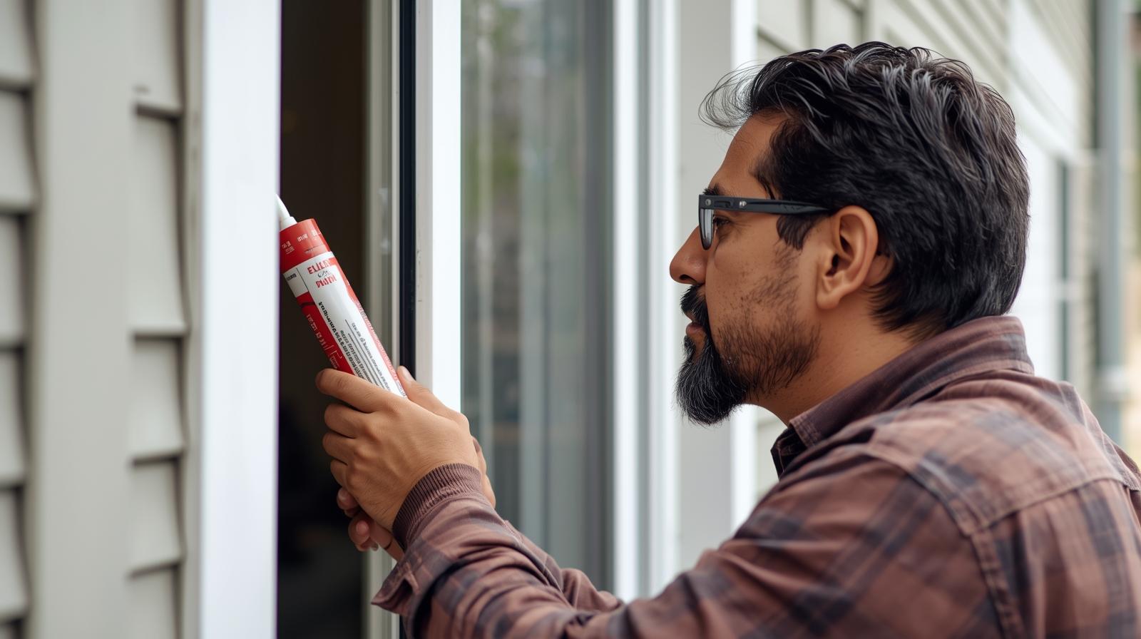 man calking around a window