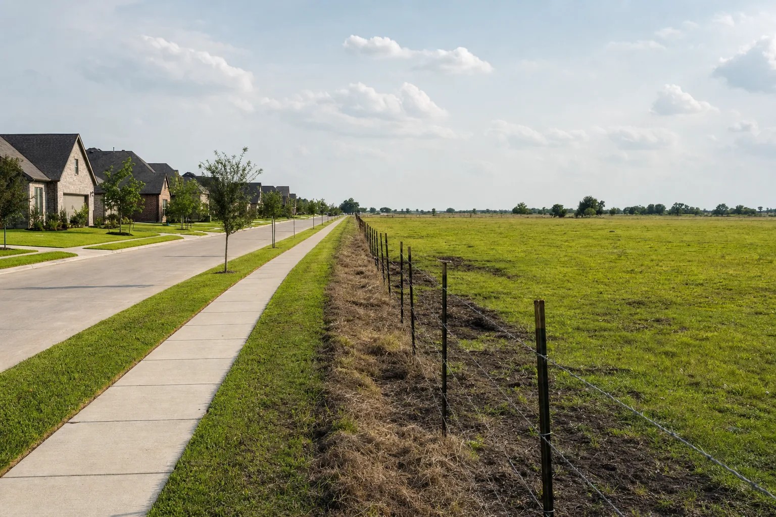 A flat Texas street where a newer brick subdivision ends at a fence line and open pasture begins