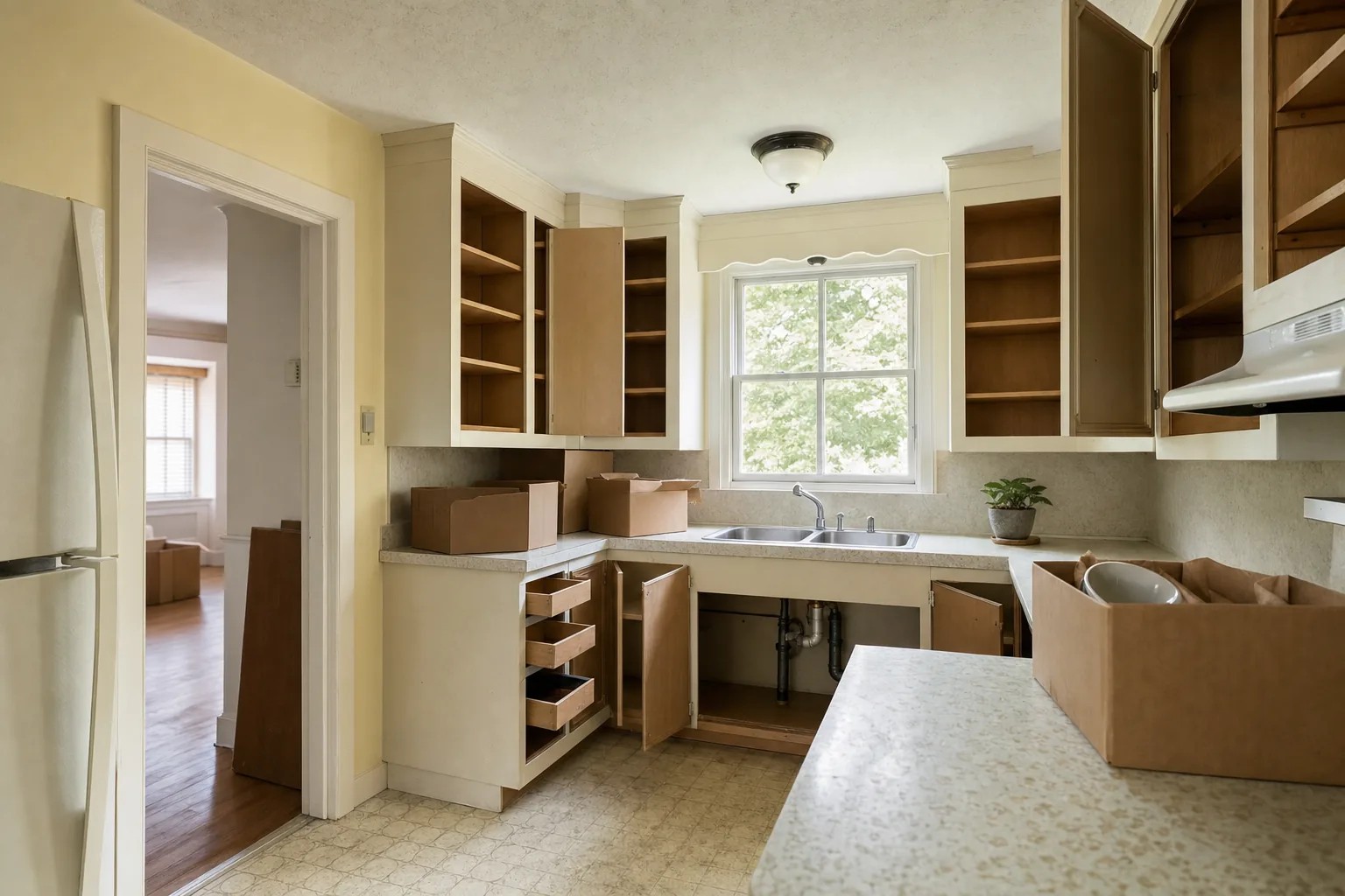 A kitchen in an older house part way through being cleared out, cabinet shelves empty and cardboard boxes on the counter