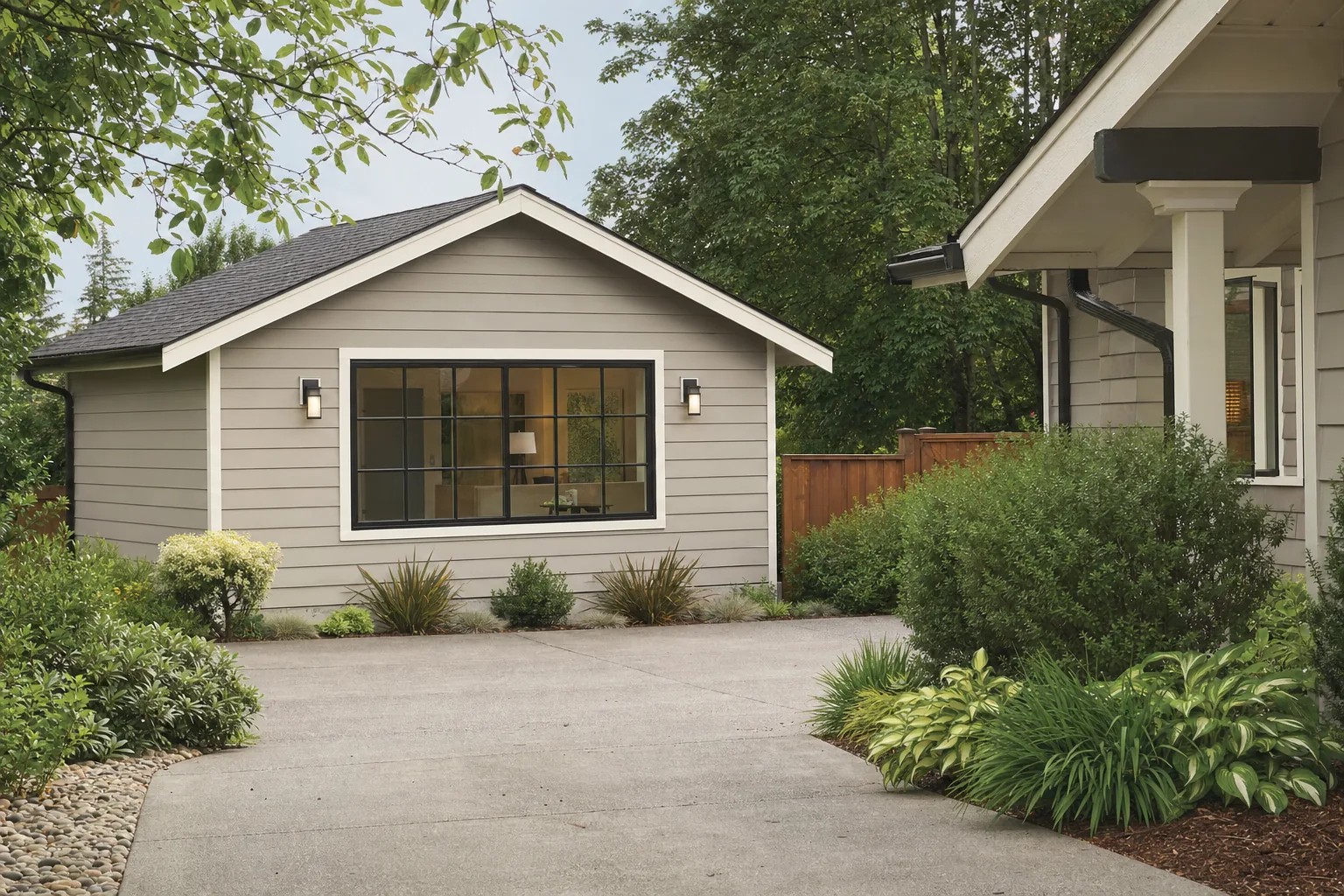 A detached garage converted into a room with a window where the door used to be