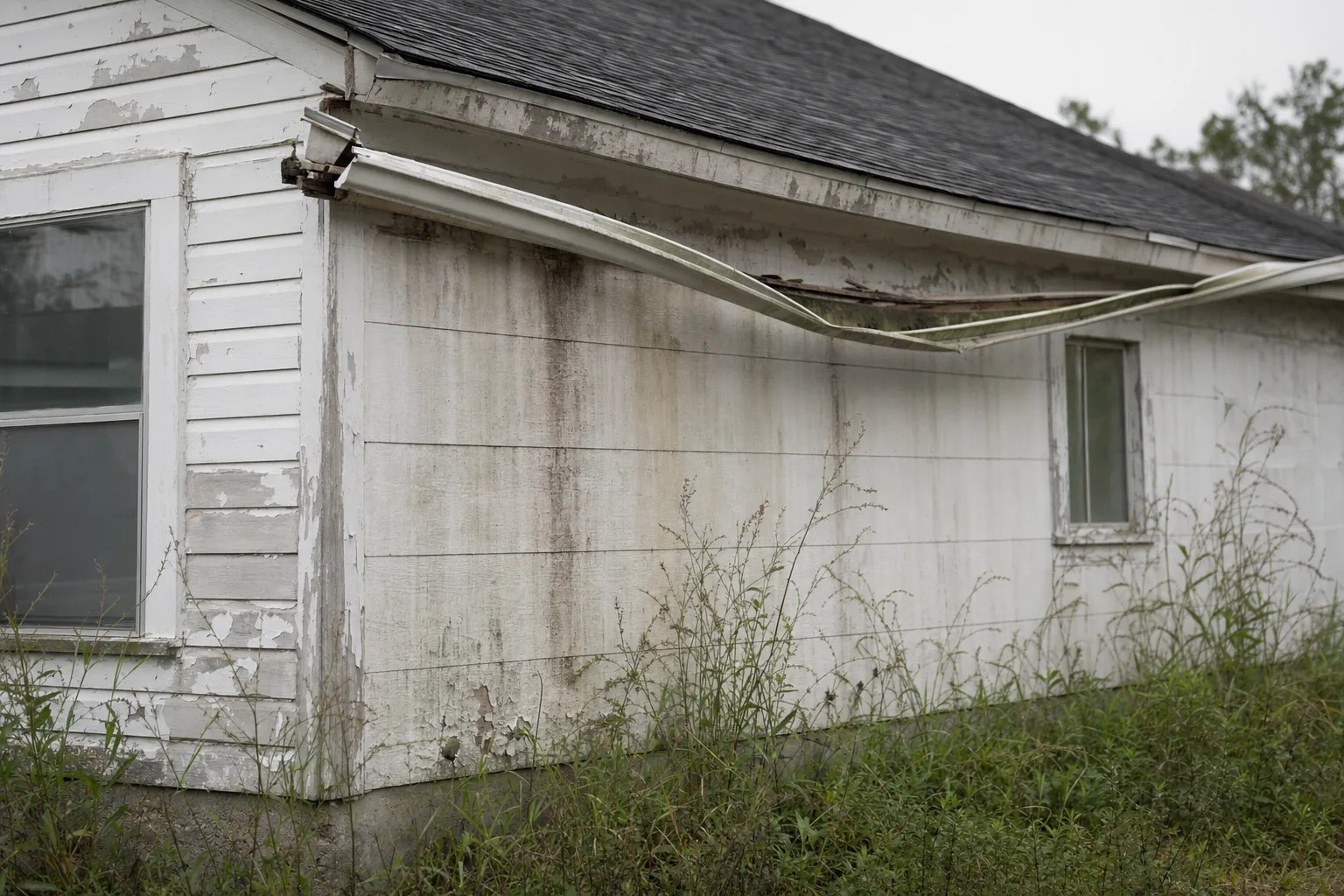 A sagging gutter pulling away from the fascia of a neglected house, with water staining down the wall beneath it and weeds grown up against the foundation