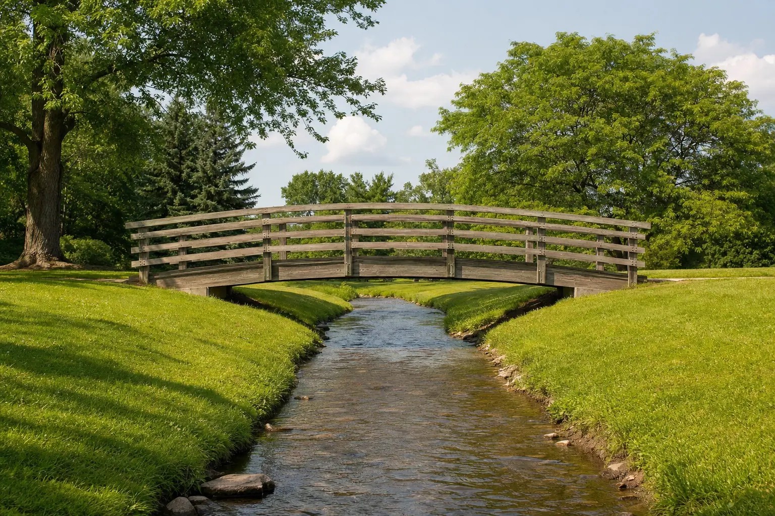 A wooden footbridge crossing a narrow creek between mown grass banks
