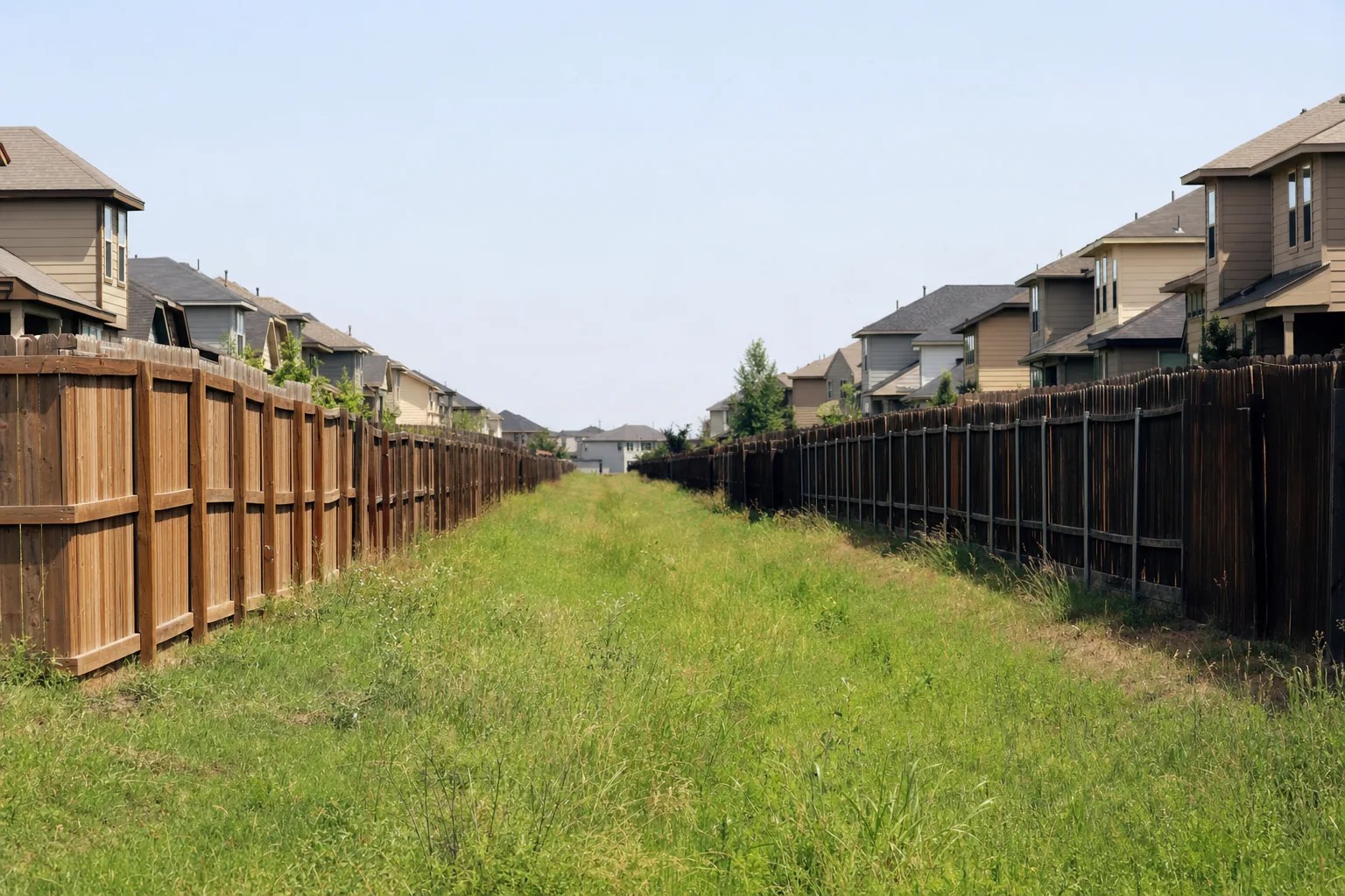 A narrow strip of undeveloped grassland running between two fenced housing developments