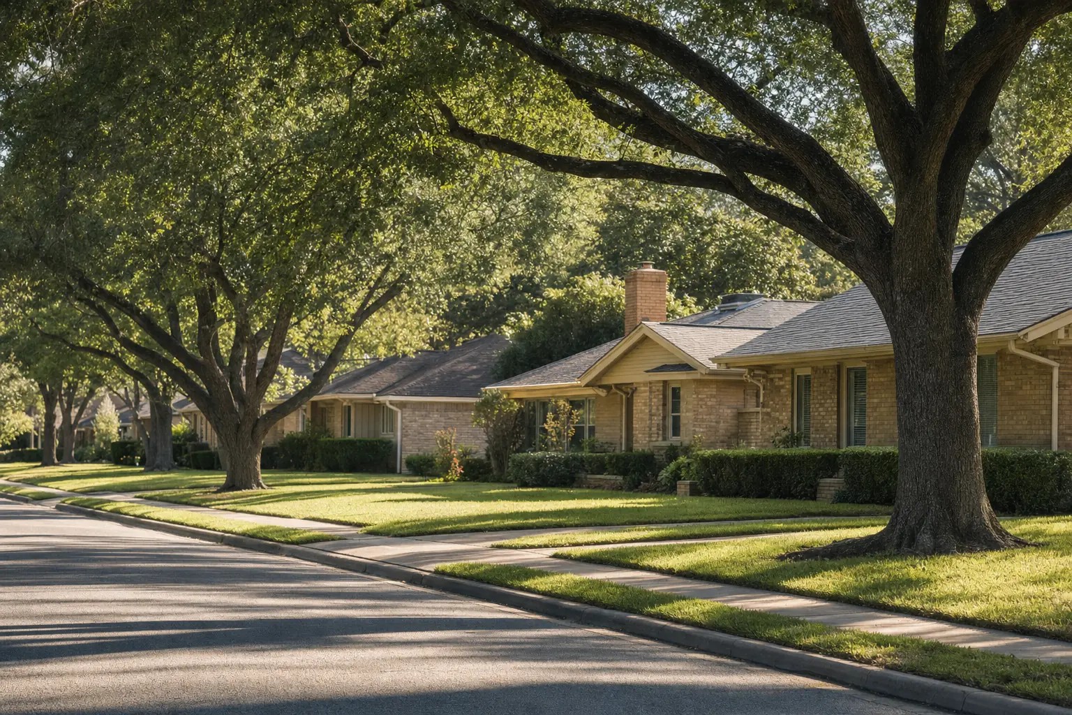A quiet street of well-kept mid-century brick houses with trimmed lawns under mature shade trees