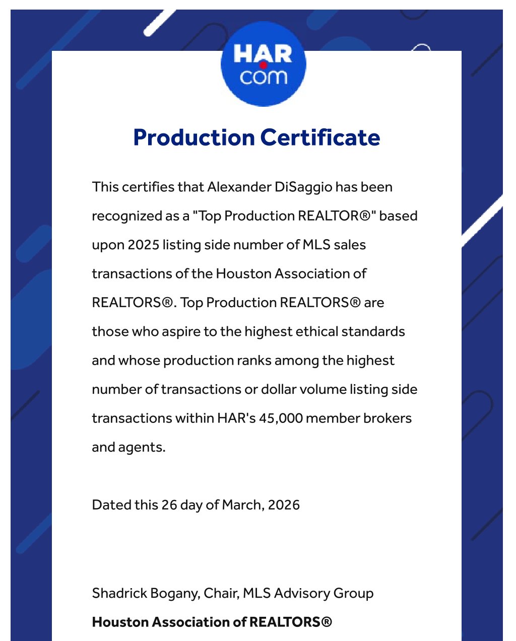 HAR Top Producer Award for Alexander DiSaggio