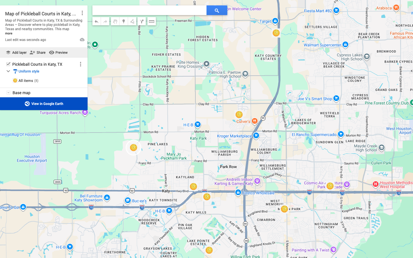 Map of Katy TX Pickleball Courts