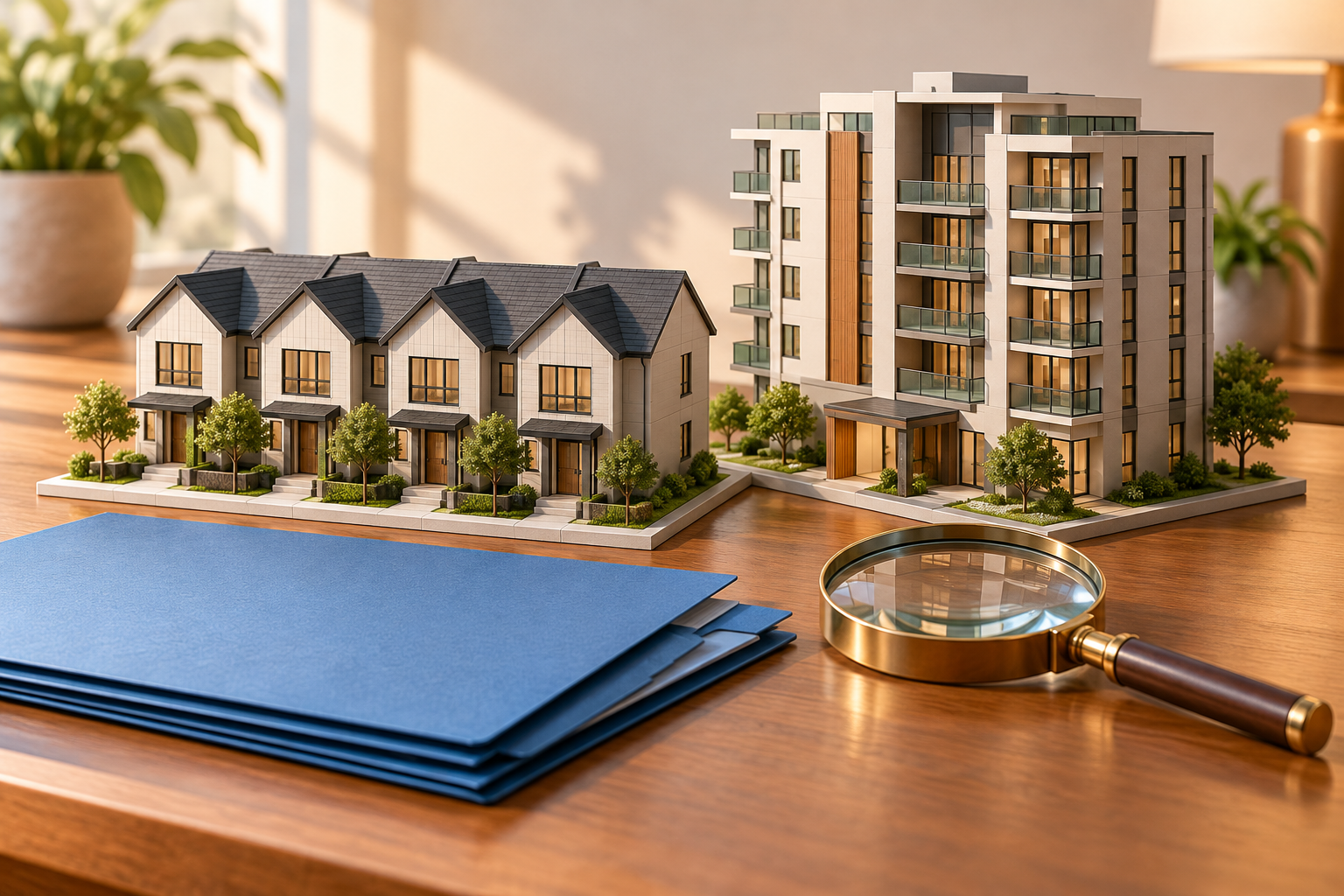 Conceptual miniature townhome row and condominium building beside blank folders and a magnifying glass. Not an actual listing, ownership record, map, or evidence of property condition.