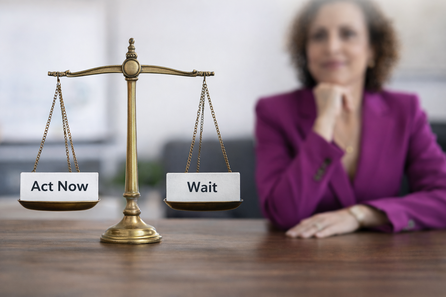 A polished brass balance scale sits centered on a wooden table, evenly balanced between two options. In the softly blurred background, a woman in a magenta blazer rests her chin on her hand, appearing calm and reflective. The focus remains on the scale, symbolizing measured decision-making, while the overall tone feels thoughtful, composed, and strategic rather than urgent.