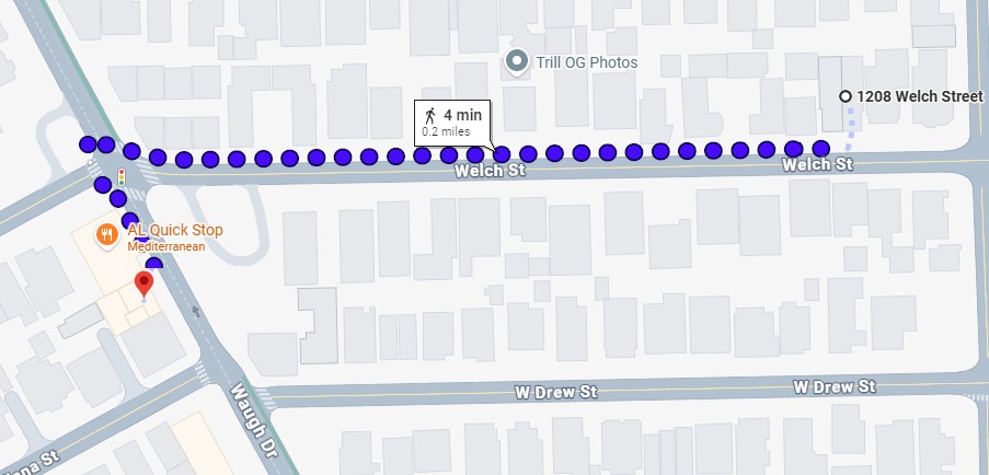 Walking path from 1208 Welch to Rudyards Pub